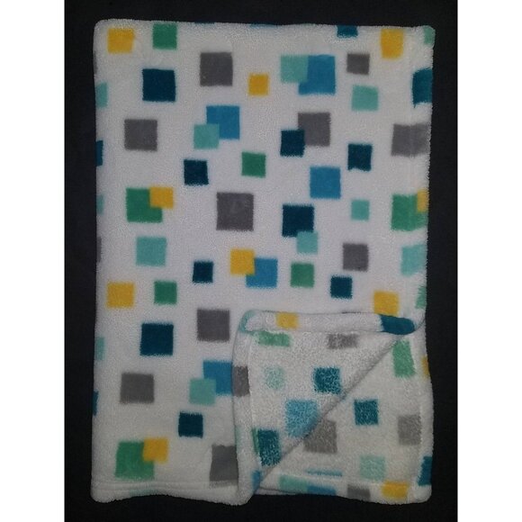 Little Miracles Fleece Baby Blanket Lovey Blue Gray Yellow Green Teal Squares - Picture 1 of 5